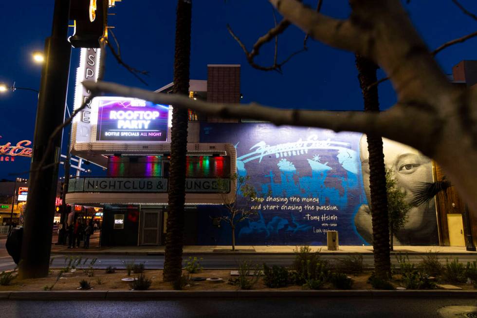 A mural of Tony Hsieh is seen on a commercial building that he owned at Fremont Street and Las ...