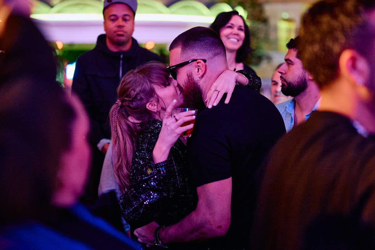Taylor Swift and Travis Kelce are shown at XS Nightclub at Wynn Las Vegas on Sunday, Feb. 11, 2 ...