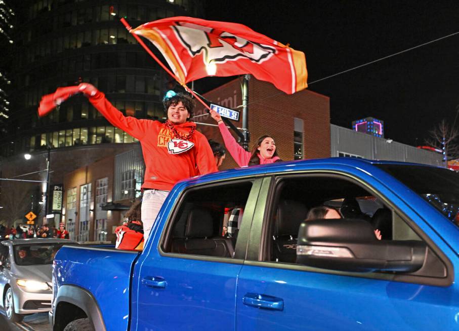 Kansas City Chiefs fans celebrate after the Chiefs beat the San Francisco 49ers in the Super Bo ...