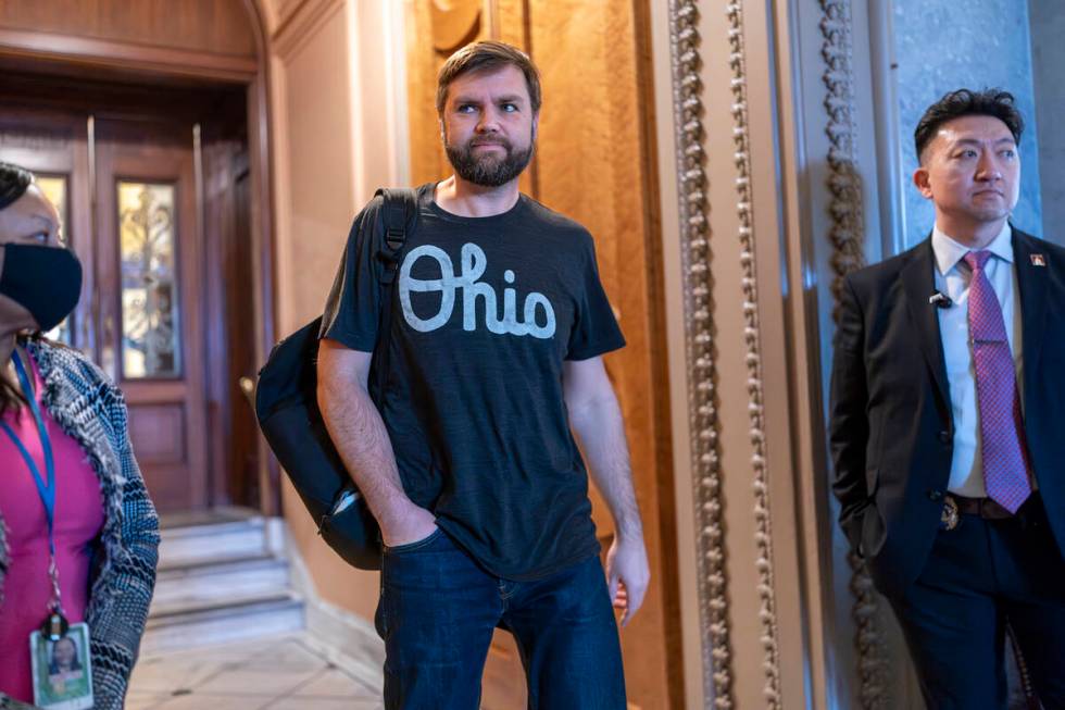 Sen. J.D. Vance, R-Ohio, arrives as the Senate prepares a procedural vote on an emergency spend ...