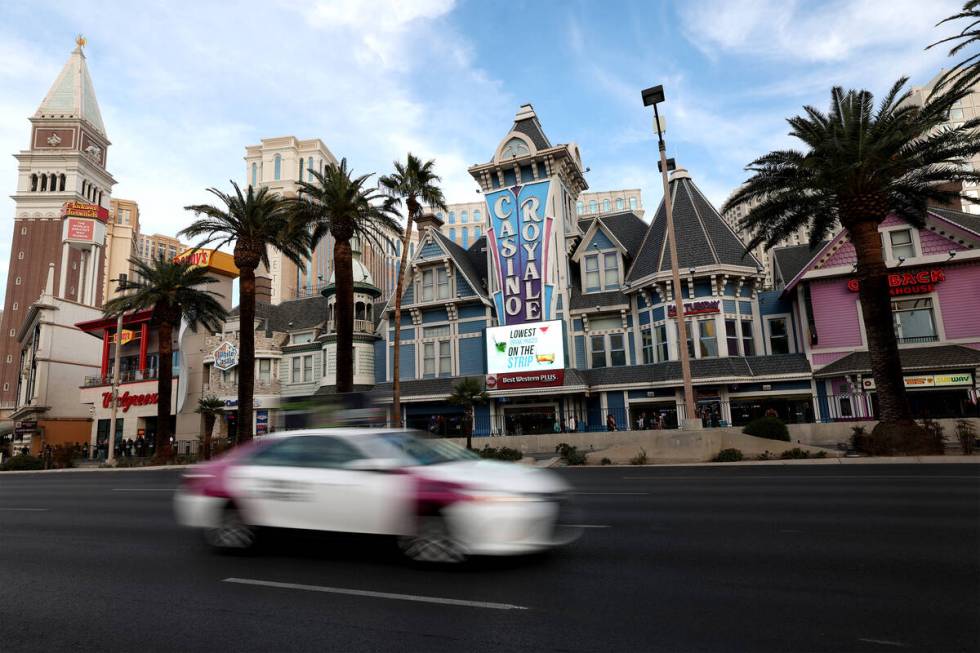 A taxi passes Casino Royale on Tuesday, Jan. 16, 2024, in Las Vegas. (Ellen Schmidt/Las Vegas R ...