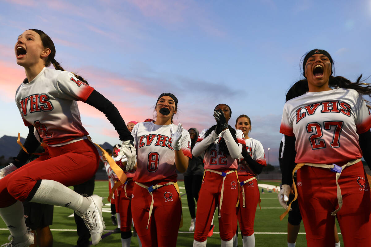 Las Vegas cheers for their team after a score during a Class 5A state quarterfinal flag footbal ...