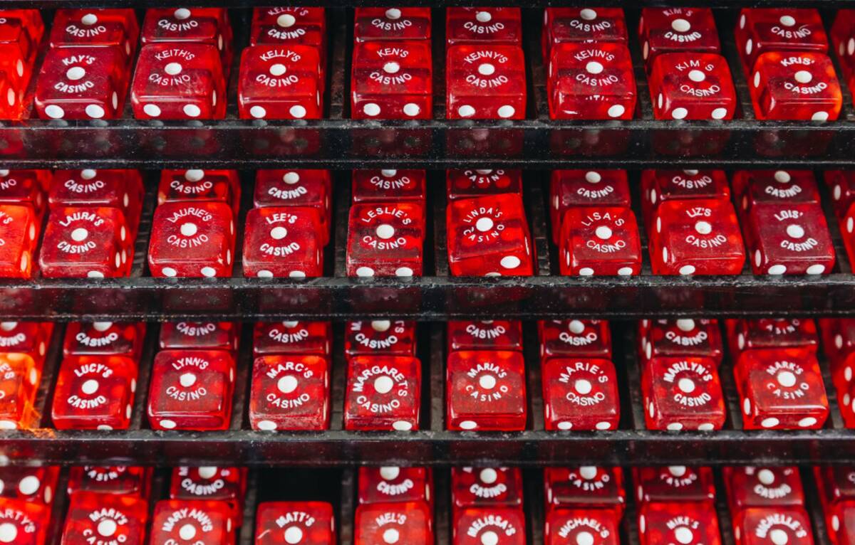 Keepsake casino dice are seen at Gambler’s General Store on Sunday, Feb. 18, 2024, in Las Veg ...