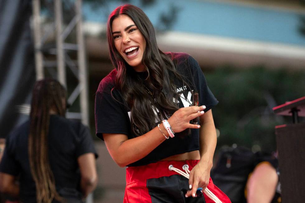 Las Vegas Aces guard Kelsey Plum dances on stage during her team’s celebration of their ...