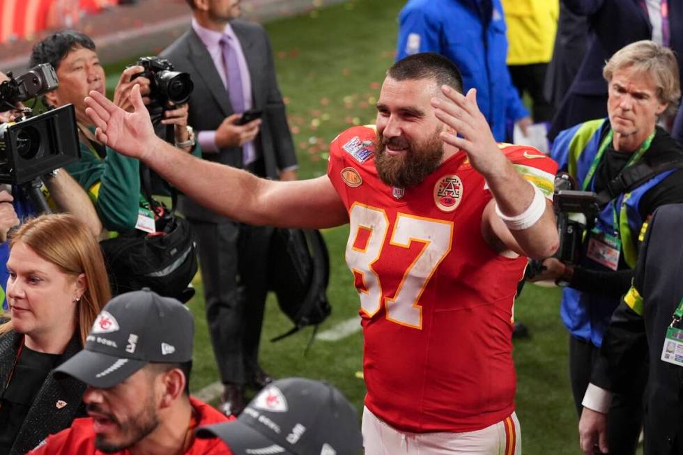 Kansas City Chiefs tight end Travis Kelce (87) walks off the field after the NFL Super Bowl 58 ...