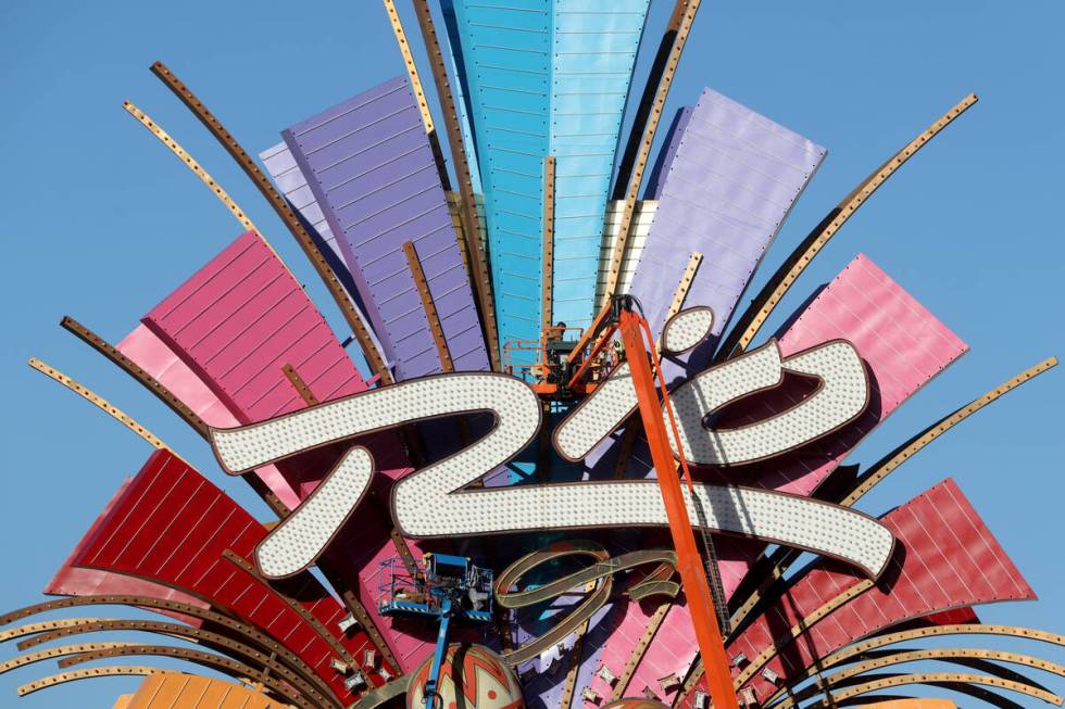 Renovations continue on the marquee at the Rio in Las Vegas on Tuesday, Feb. 13, 2024. (K.M. Ca ...