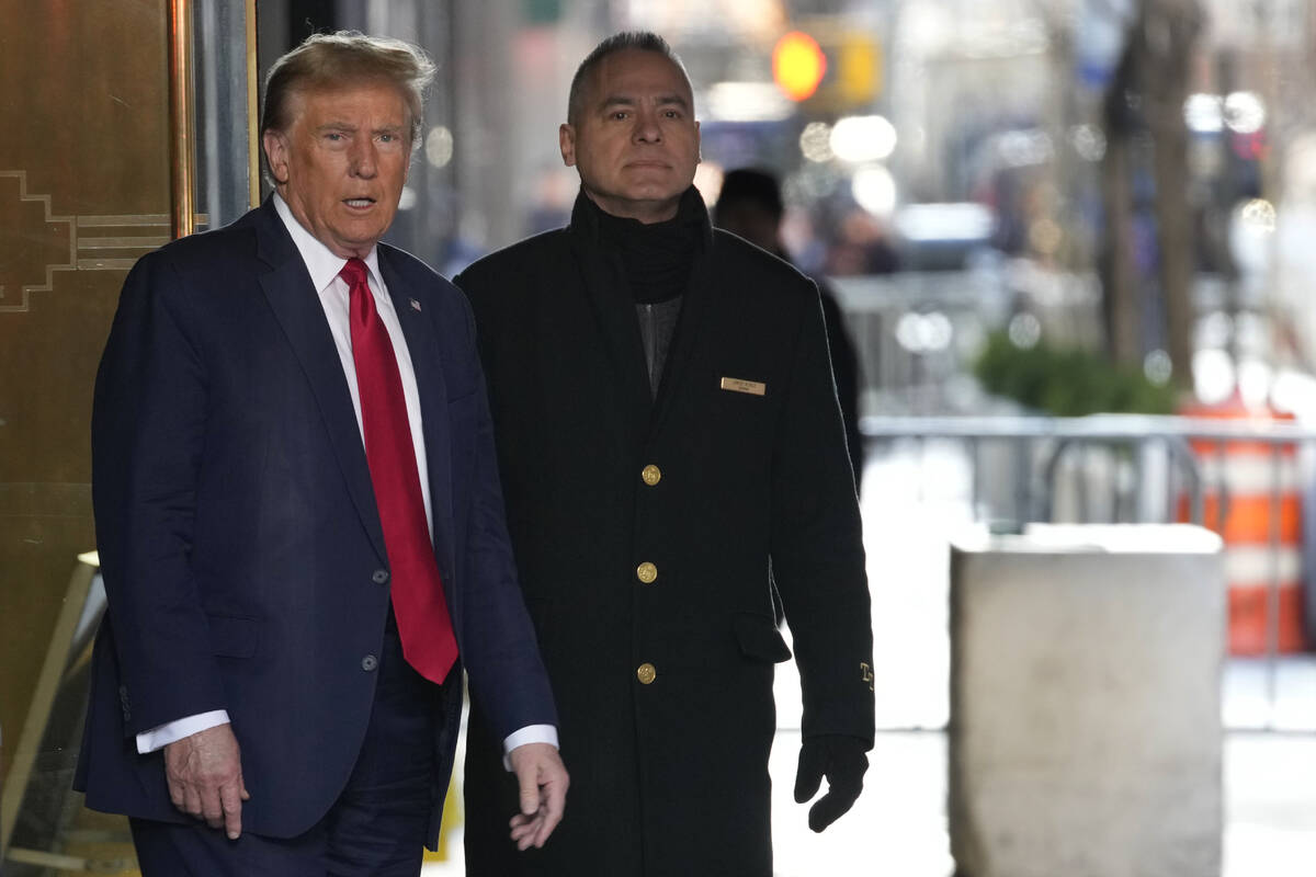 Former President Donald Trump leaves Trump Tower in New York on Thursday, Feb. 15, 2024. Trump ...