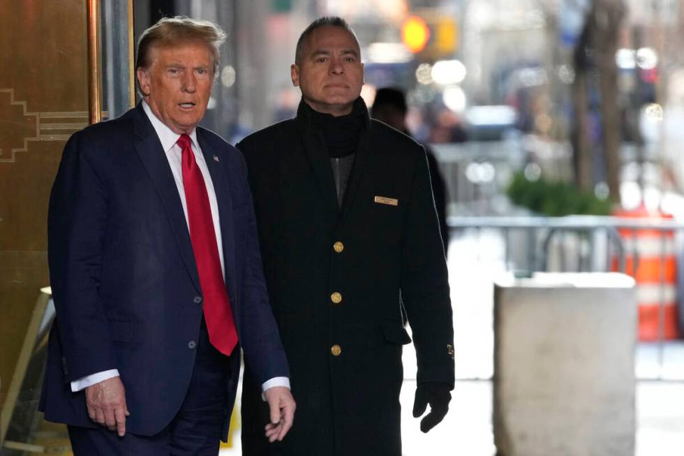 Former President Donald Trump leaves Trump Tower in New York on Thursday, Feb. 15, 2024. Trump ...