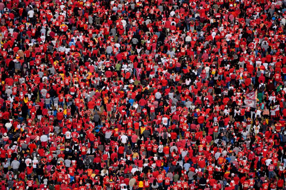 Fans watch as the Kansas City Chiefs celebrate during their victory rally at Union Station in K ...