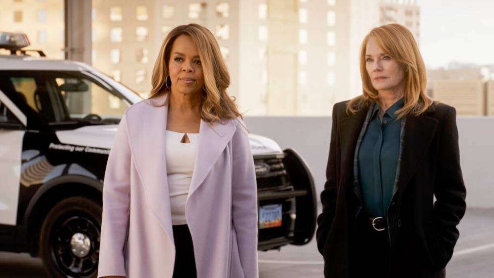 Paula Newsome, left, and Marg Helgenberger film a scene atop Circa's Garage Mahal for the "CSI: ...