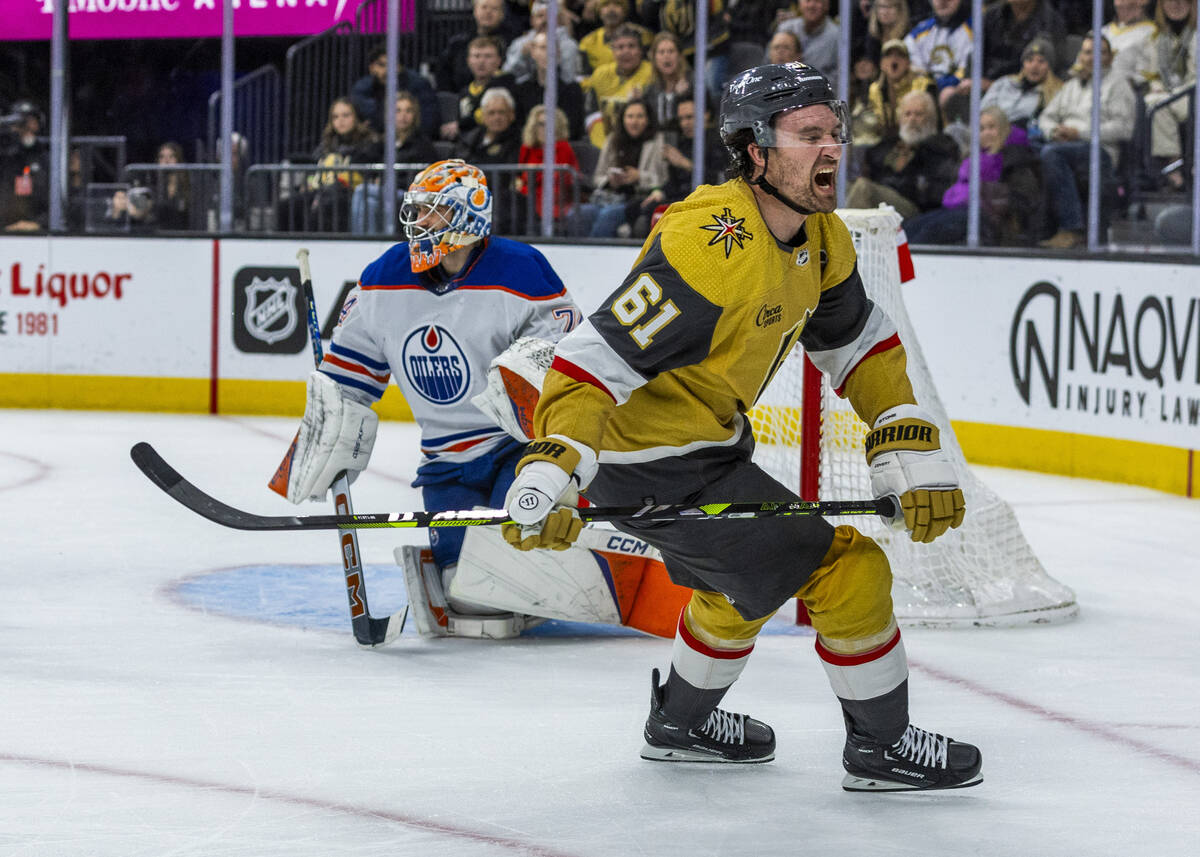 Golden Knights right wing Mark Stone (61) yells out after a near miss against Edmonton Oilers g ...