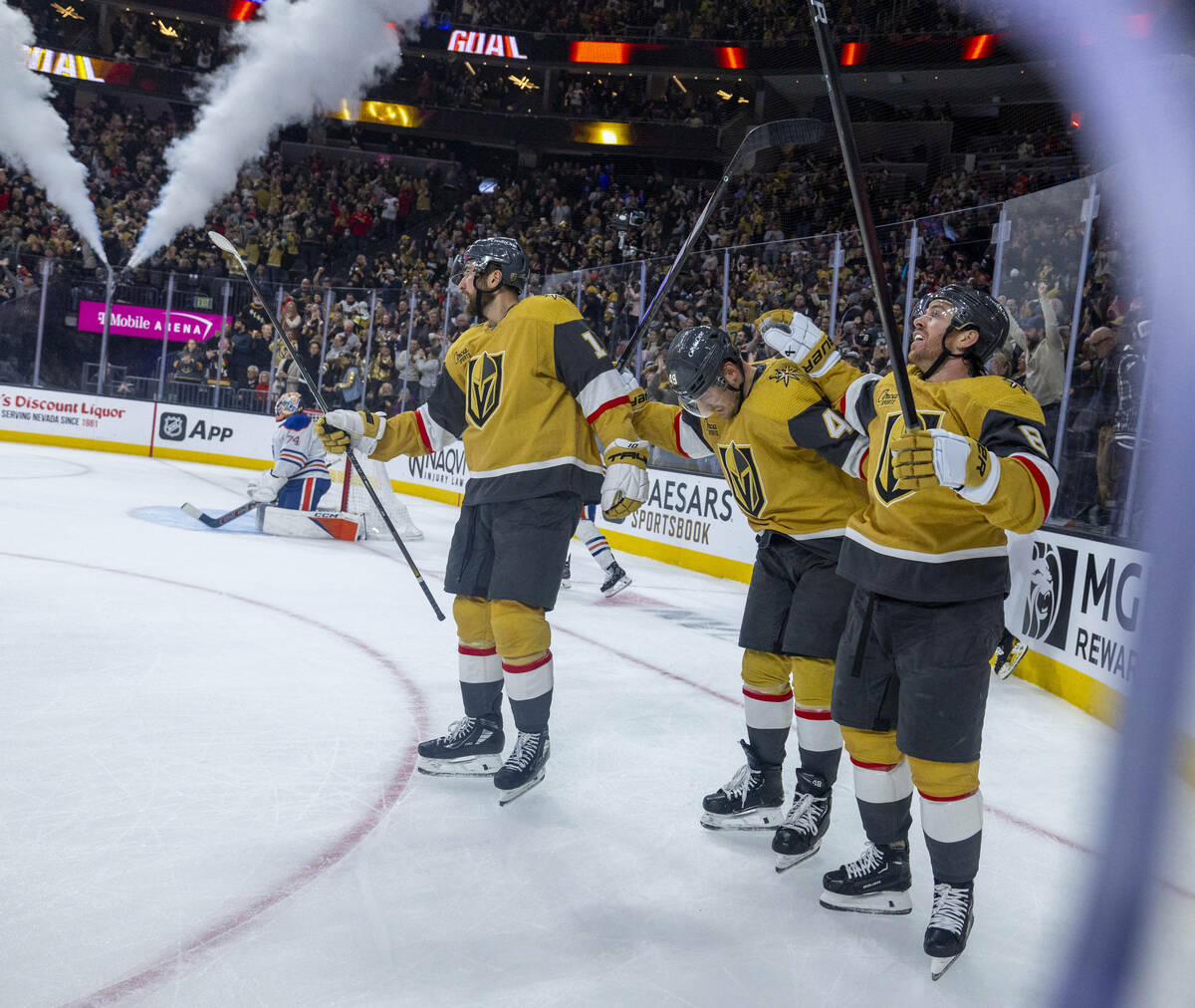 Golden Knights center Nicolas Roy (10), center Ivan Barbashev (49) and right wing Jonathan Marc ...