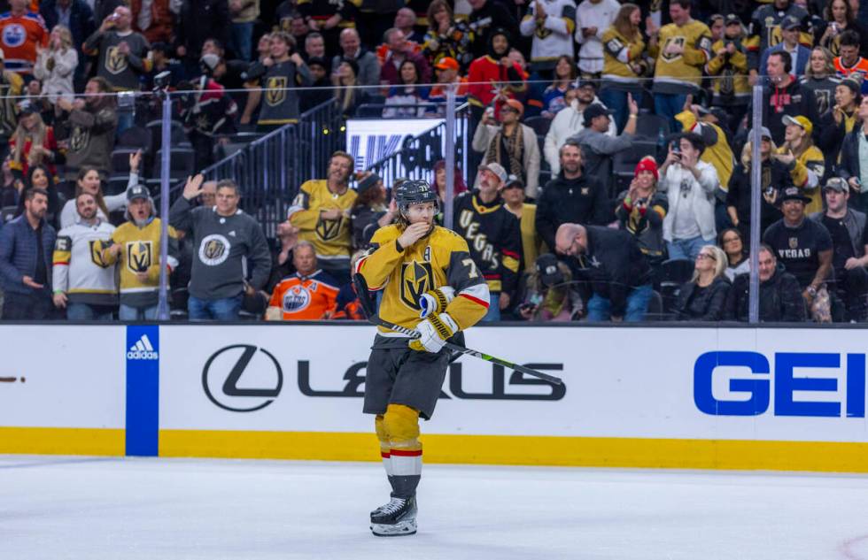 Golden Knights center William Karlsson (71) realizes his goal was not counted against the Edmon ...