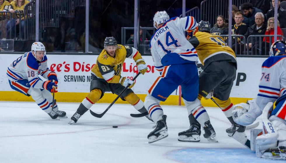 Golden Knights right wing Jonathan Marchessault (81) looks to shoot towards Edmonton Oilers goa ...