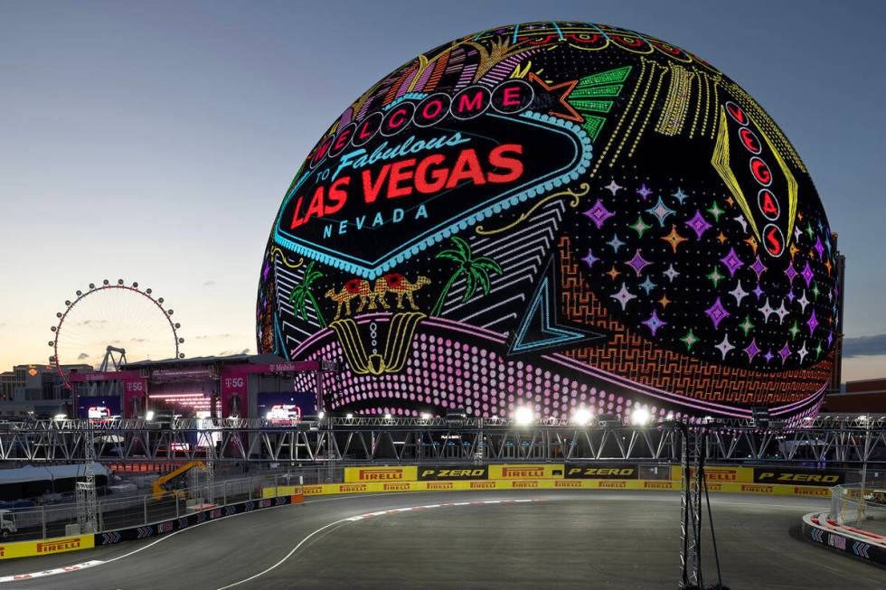 The Sphere welcomes Formula One fans before the third practice for the Las Vegas Grand Prix aut ...