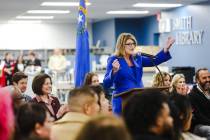 Tami Hance-Lehr, CEO of Communities in Schools for Nevada, speaks at a press conference in the ...