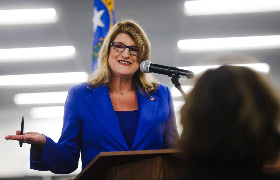 Tami Hance-Lehr, CEO of Communities in Schools for Nevada, speaks at a press conference in the ...