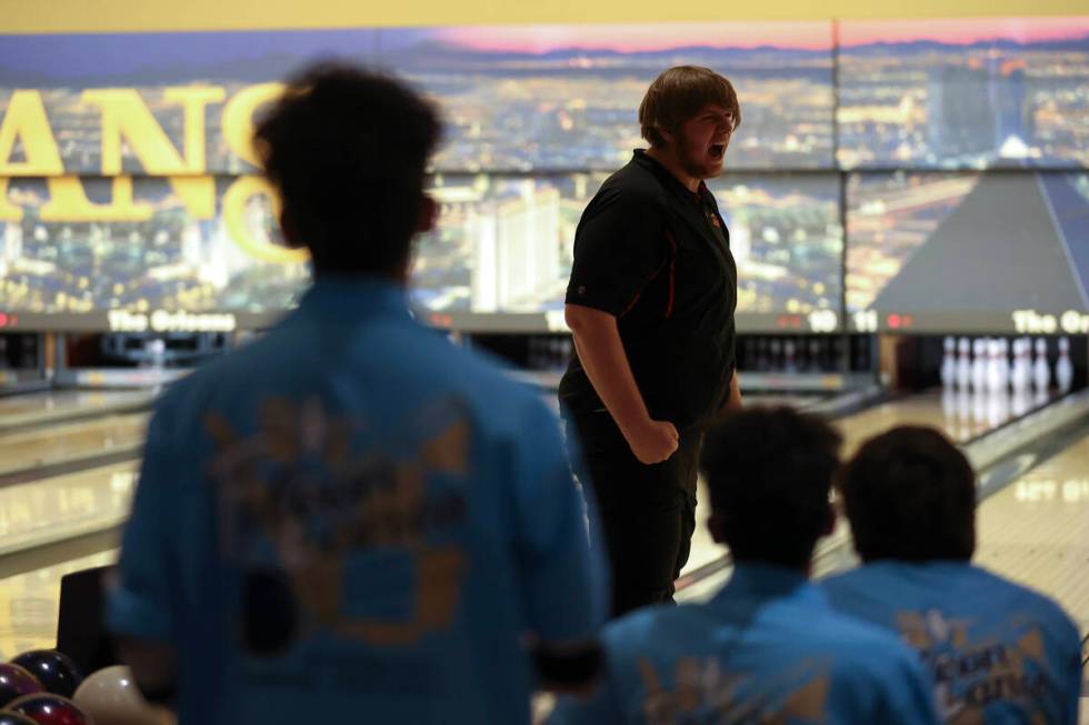 SECTA’s Terry Hardy celebrates a strike while Foothill watches during the Class 4A state ...