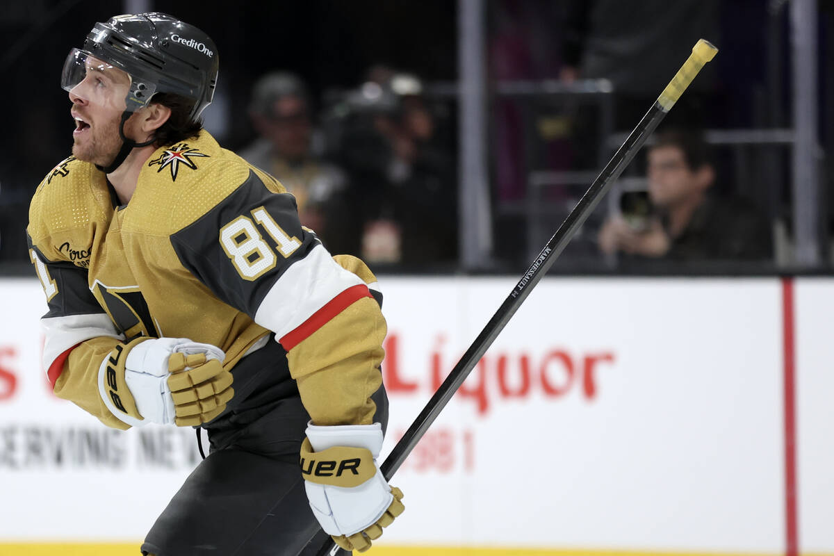 Golden Knights right wing Jonathan Marchessault (81) watches the instant replay of his goal whi ...