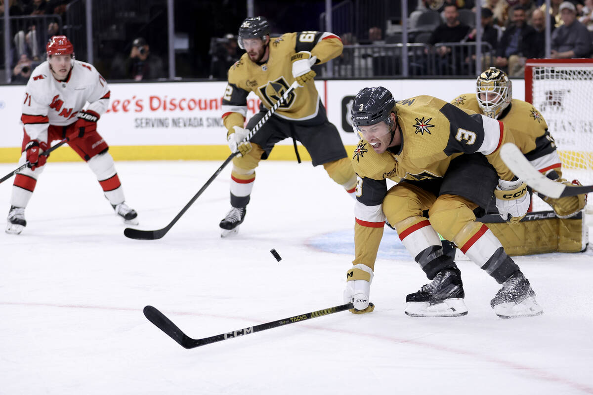 Golden Knights defenseman Brayden McNabb (3) can’t stop a puck with his stick during the ...