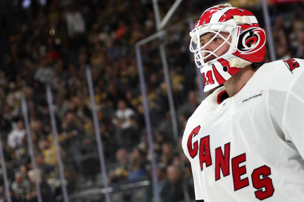 Hurricanes goaltender Spencer Martin (41) skates around the net after his team scored on the Go ...