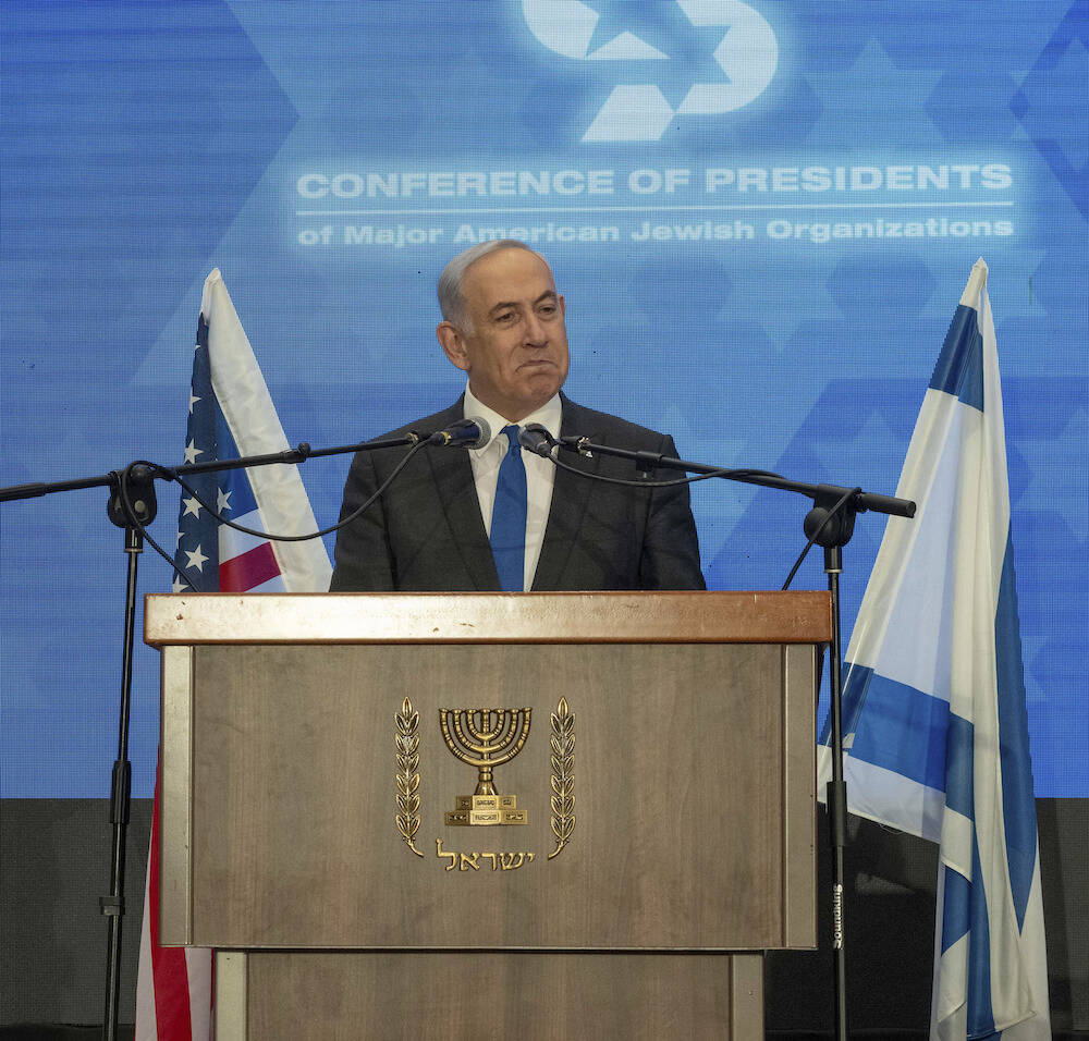 Prime Minister Benjamin Netanyahu speaks during a gathering of Jewish leaders at the Museum of ...