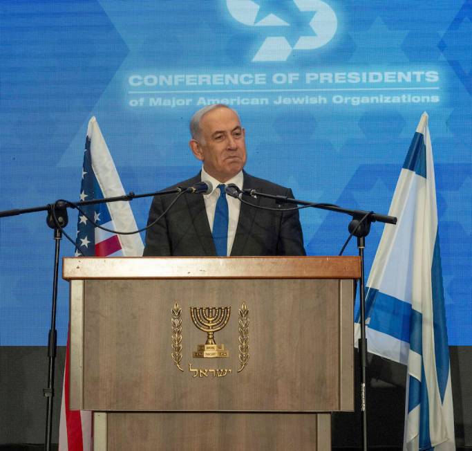 Prime Minister Benjamin Netanyahu speaks during a gathering of Jewish leaders at the Museum of ...