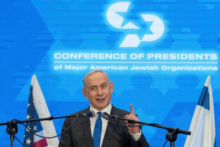 Prime Minister Benjamin Netanyahu speaks during a gathering of Jewish leaders at the Museum of ...