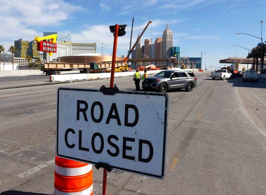 A Road closure sign is displayed as construction is underway on Interstate 15 near Tropicana Av ...