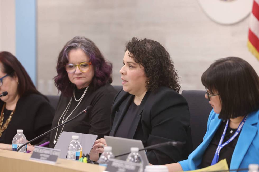 President Evelyn Garcia Morales speaks during a Clark County School Board meeting at the Edward ...