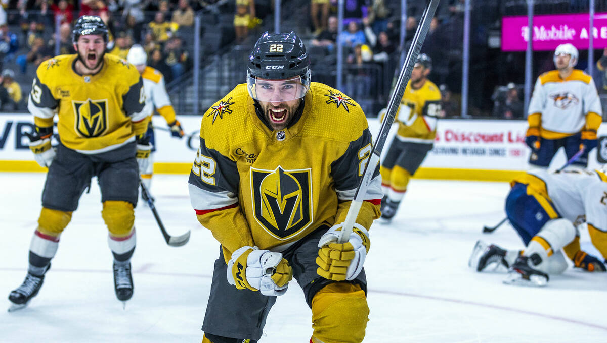 Golden Knights right wing Michael Amadio (22) celebrates his late score over Nashville Predator ...