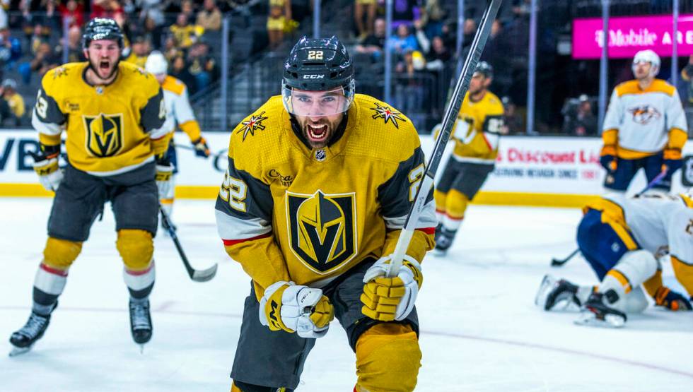 Golden Knights right wing Michael Amadio (22) celebrates his late score over Nashville Predator ...