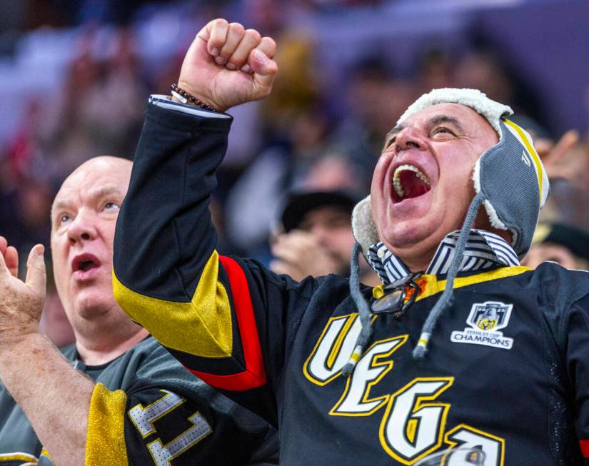 Golden Knights fans celebrate a goal against the Nashville Predators during the third period of ...