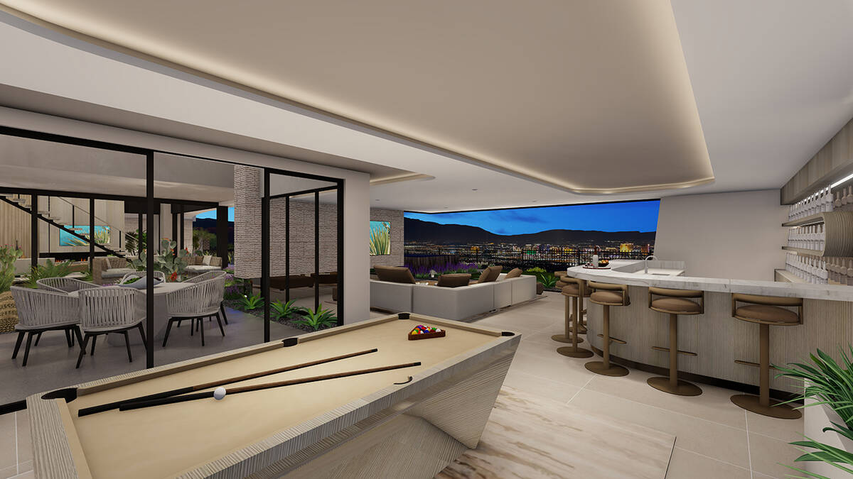 The game room opens to an outdoor area with a view of the Las Vegas Strip. (Blue Heron)