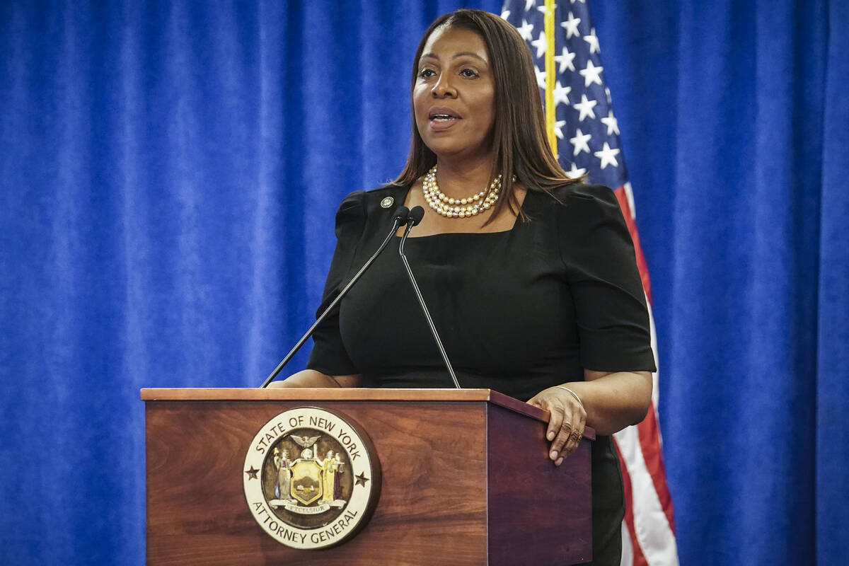 New York Attorney General Letitia James speaks during a press briefing, Friday, Feb. 16, 2024, ...