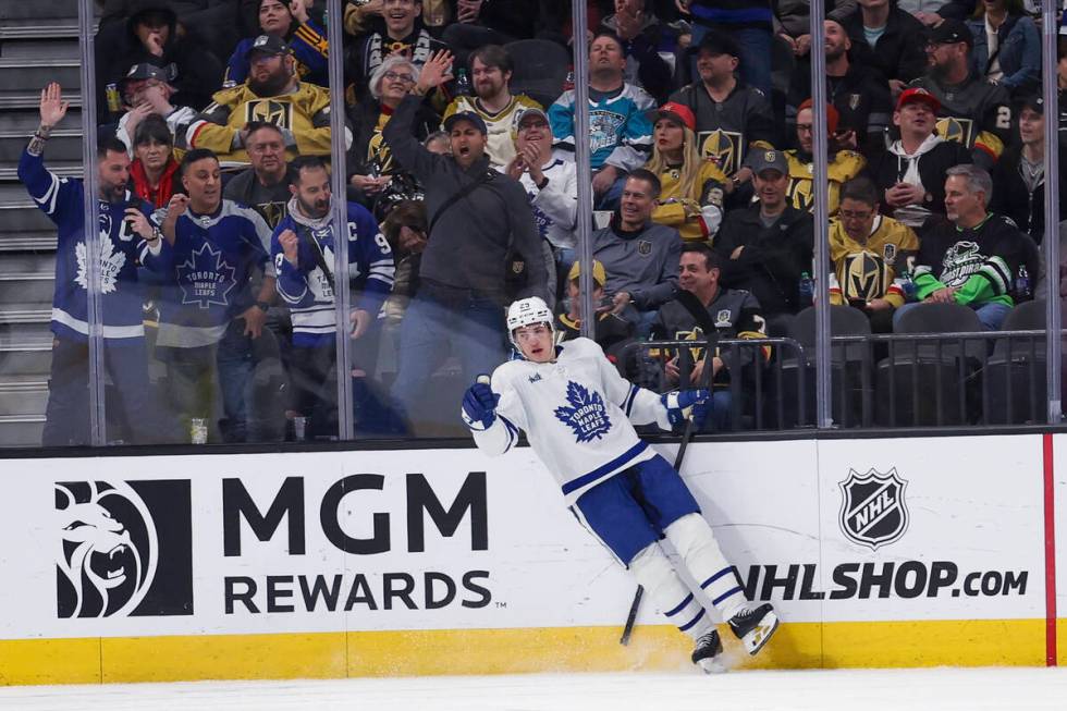 Toronto Maple Leafs right wing Pontus Holmberg (29) celebrates after scoring a goal against the ...