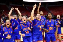 Bishop Gorman celebrates as they’re about to receive their Class 5A girls basketball sta ...