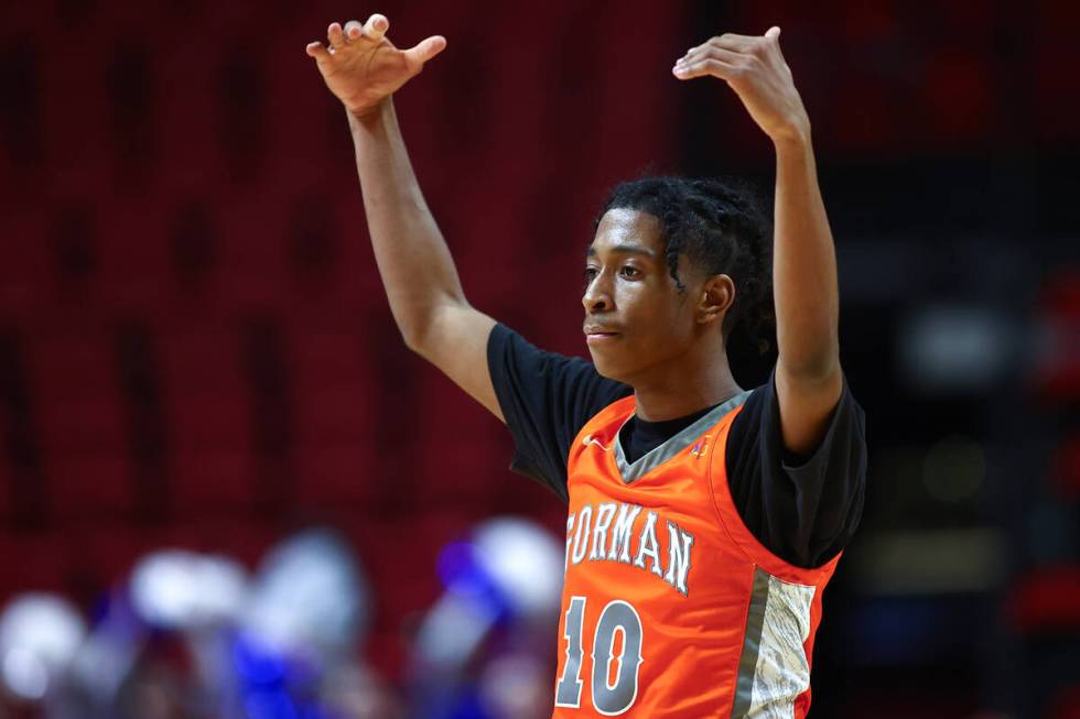 Bishop Gorman's Nick Jefferson (10) invites applause after a score during the second half of th ...