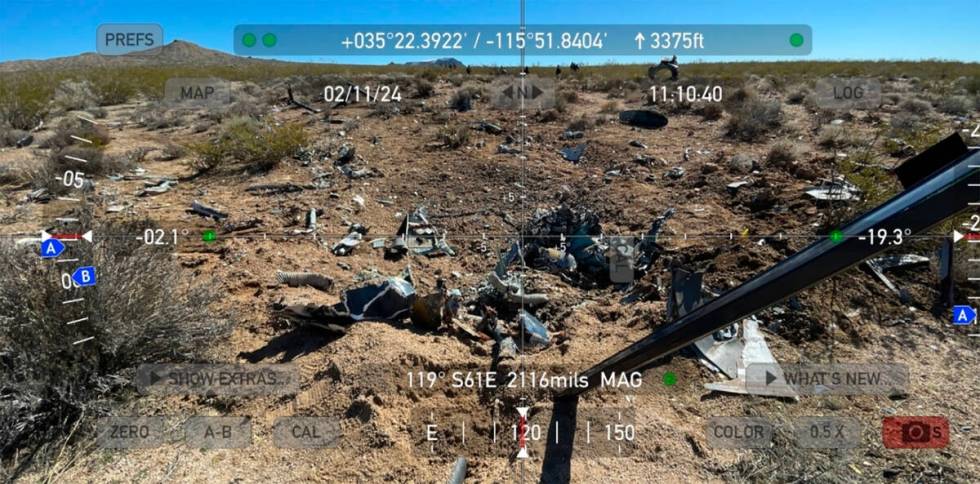 The initial impact ground crater and debris field for the Feb. 9, 2024, helicopter crash that k ...