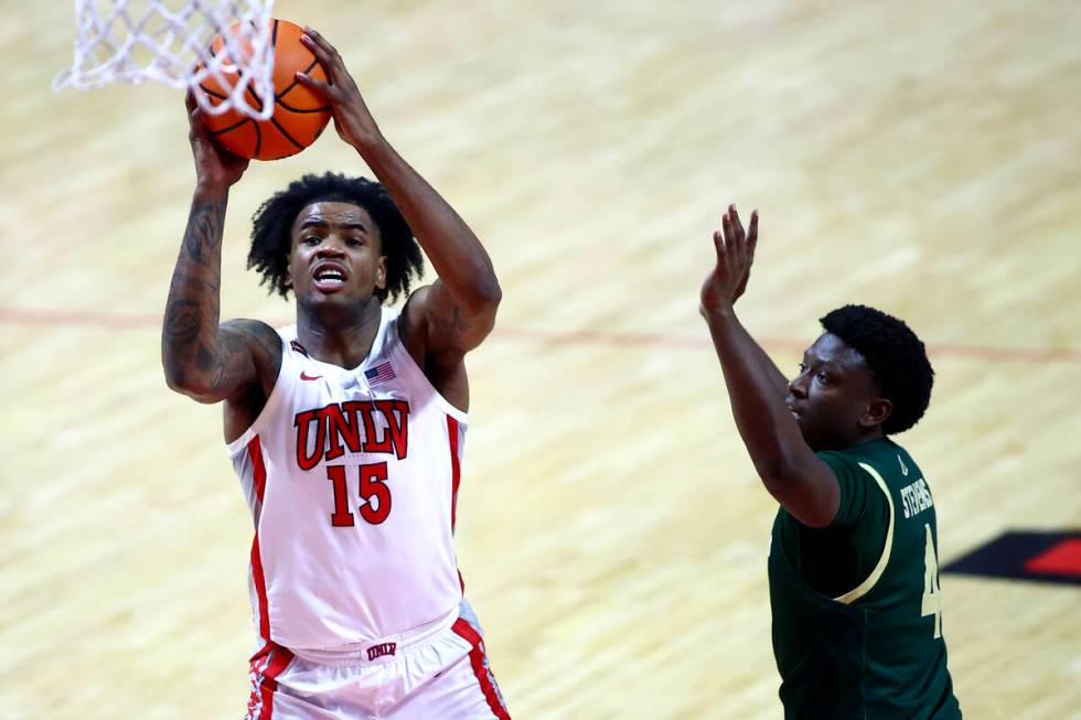 during the first half of an NCAA college basketball game at the Thomas & Mack Center on Sat ...