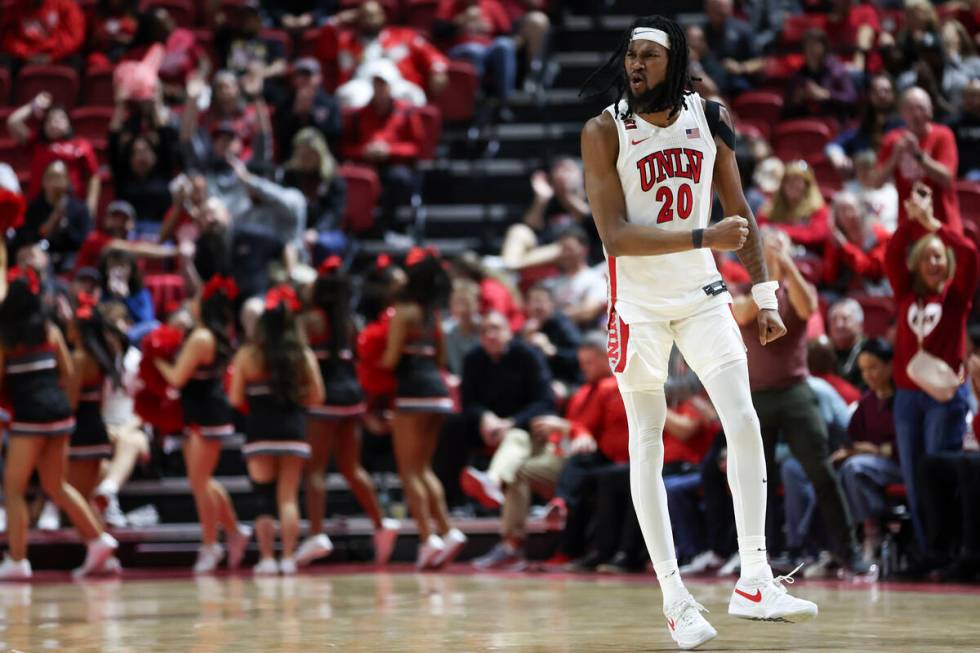 UNLV Rebels forward Keylan Boone (20) celebrates after scoring a three-pointer during the secon ...