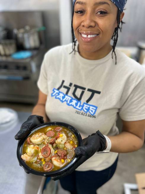 Joy Craney, owner of Downtown Louisiana Tamale Shop of North Las Vegas, with her shrimp and sau ...