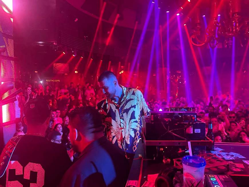 Travis Kelce is shown at XS Nightclub and Encore Beach Club on Saturday, Feb. 24, 2024. (John K ...