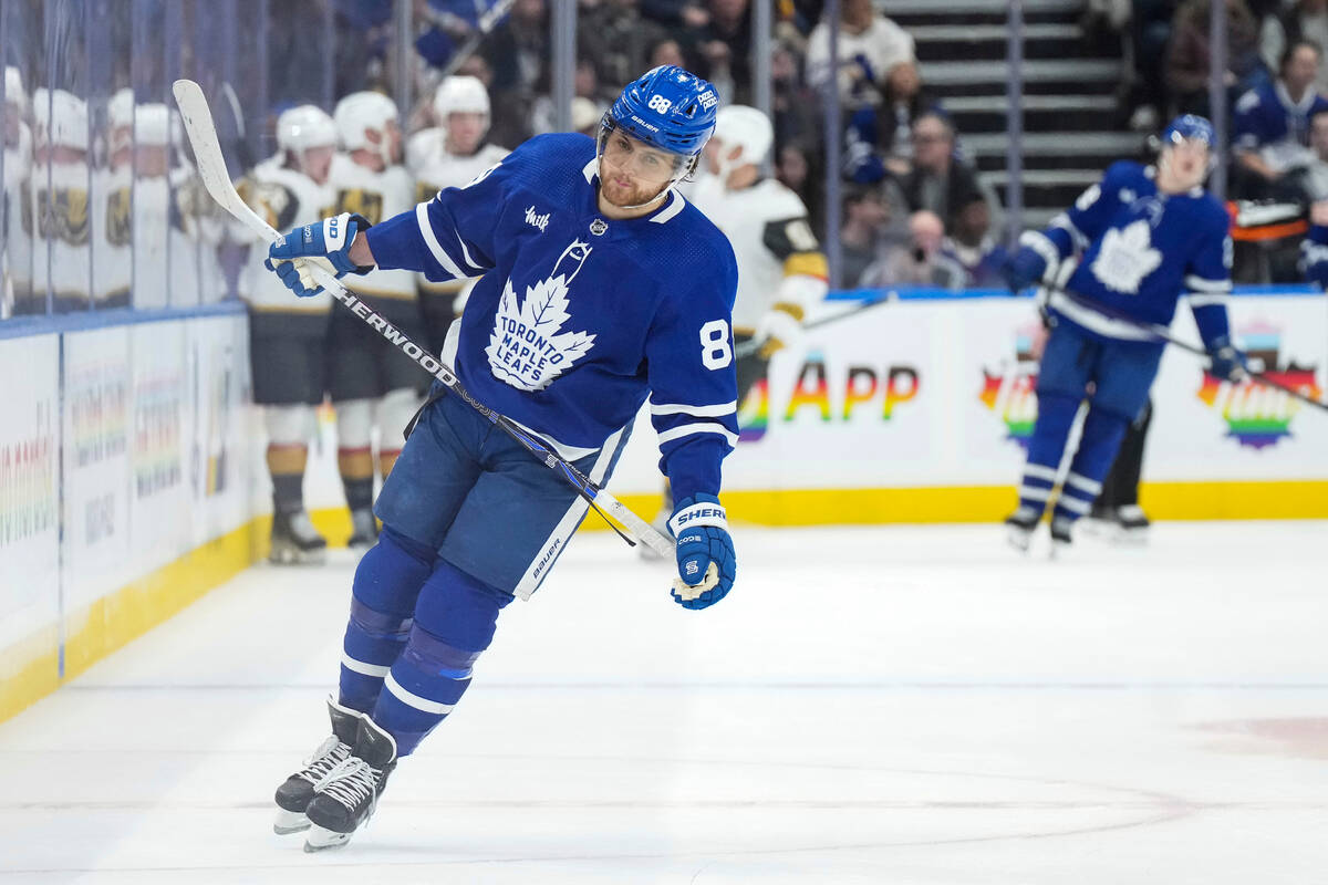 Toronto Maple Leafs' William Nylander (88) reacts as the Vegas Golden Knights celebrate a goal ...