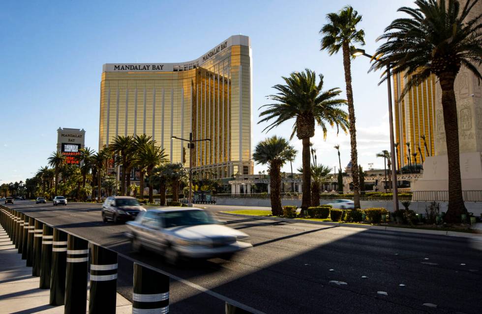 An exterior view of Mandalay Bay in Las Vegas on Wednesday, Feb. 17, 2021. (Chase Stevens/Las V ...