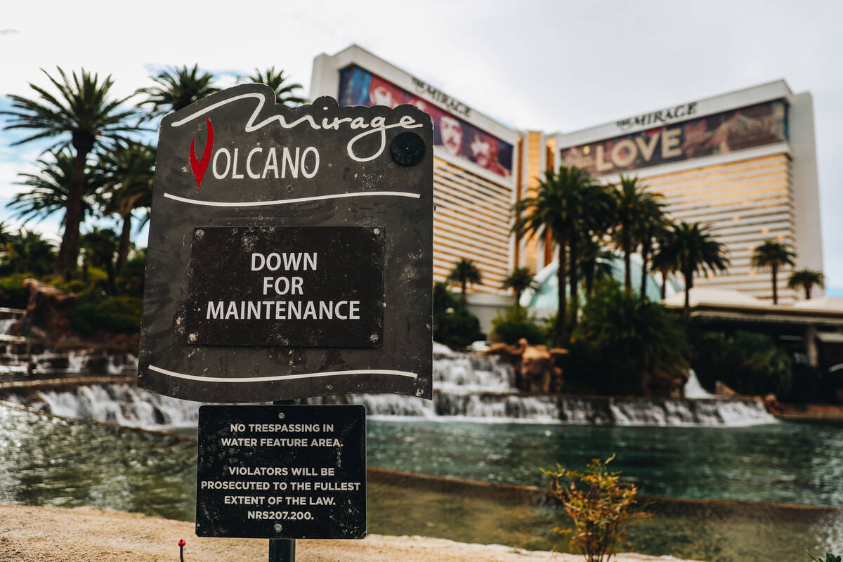 A sign notifies visitors that the volcano is down for maintenance at the Mirage on Thursday, Fe ...
