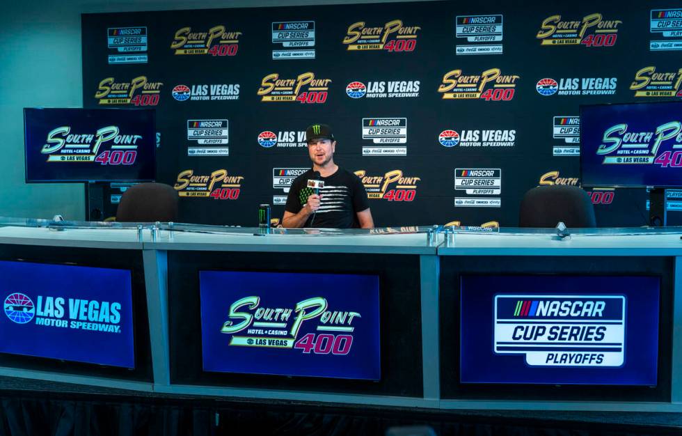 Kurt Busch addresses the media during a news conference prior to the Alsco Uniforms 302 NASCAR ...