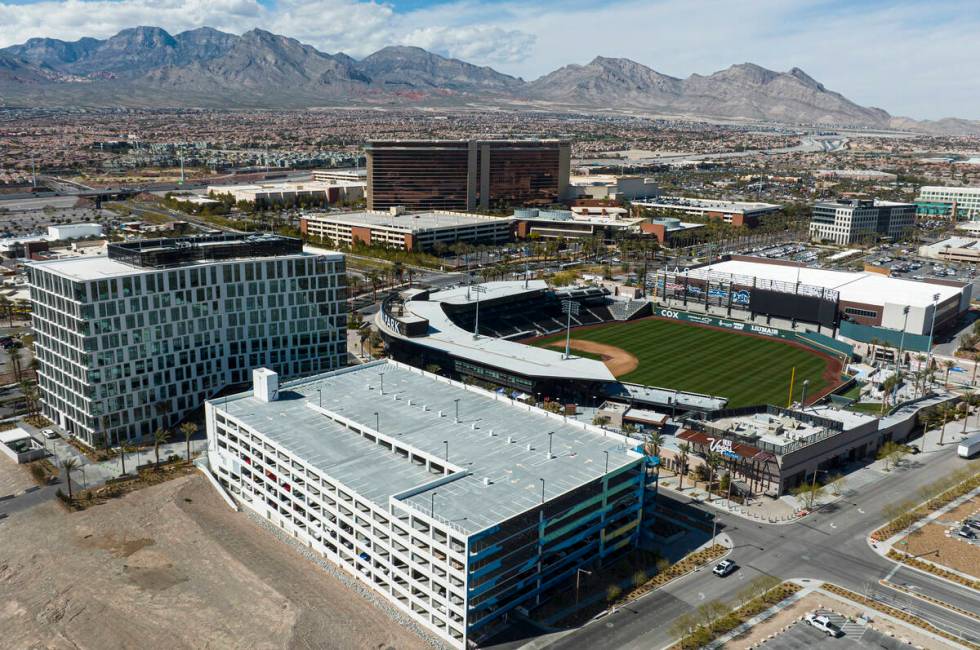 An aerial view of 1700 Pavilion, left, a 10-story office building, Red Rock Casino Resort and S ...