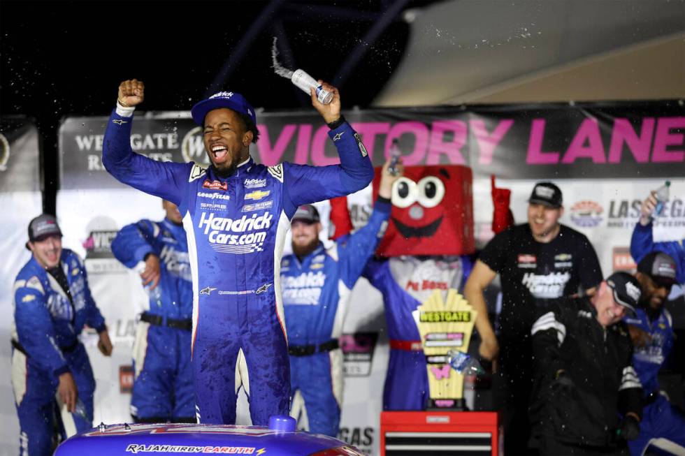 Rajah Caruth celebrates after winning the Victoria's Voice Foundation 200 NASCAR Craftsman Truc ...