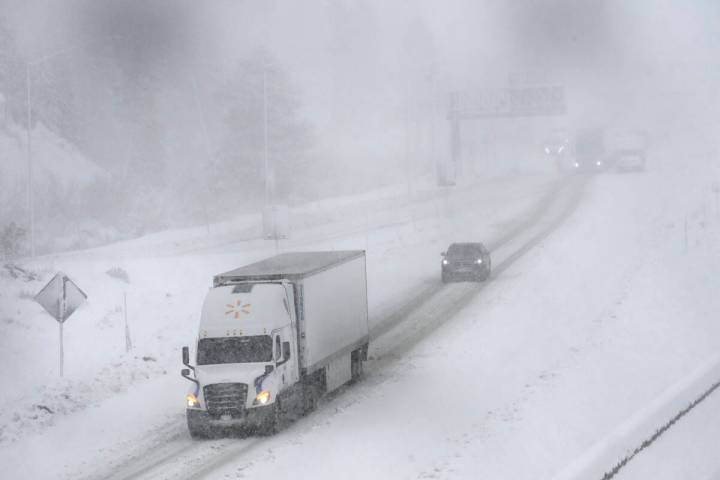 West bound traffic moves slowly on the I-80 at the Donner Pass Exit on Friday, March 1, 2024, i ...